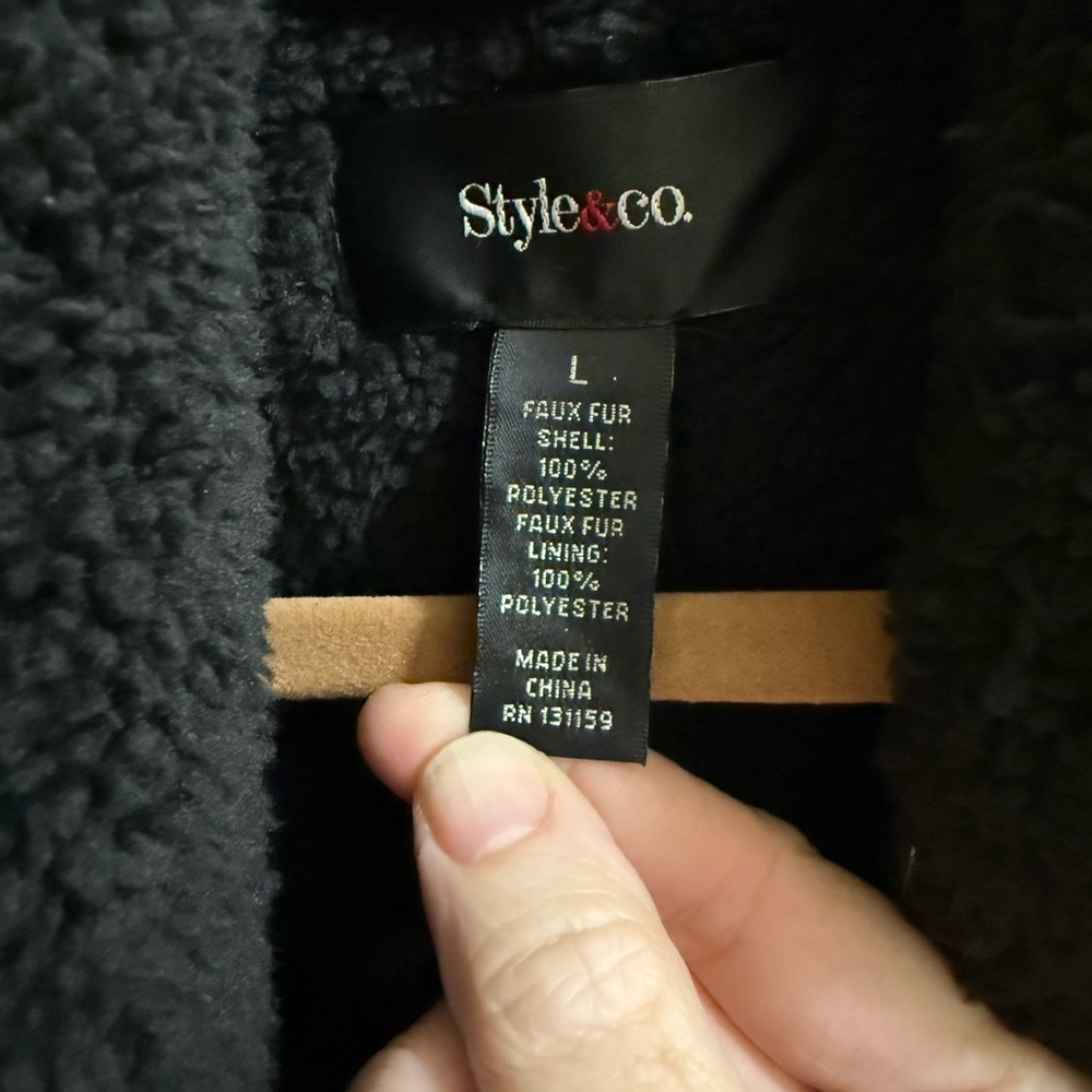 Style & Co Faux Suede Faux Fur Lined Draped Open Front Vest Women’s Size L Black - Picture 6 of 9